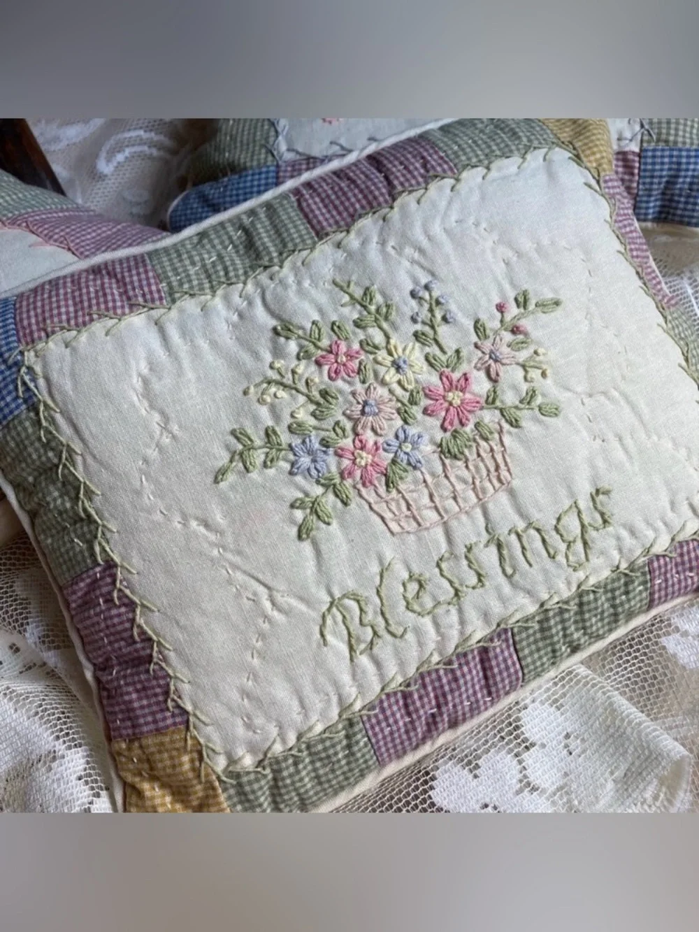 Set of 3 Primitive Quilted Embroidered Pastel Patchwork Decorative Pillows 9”x8”